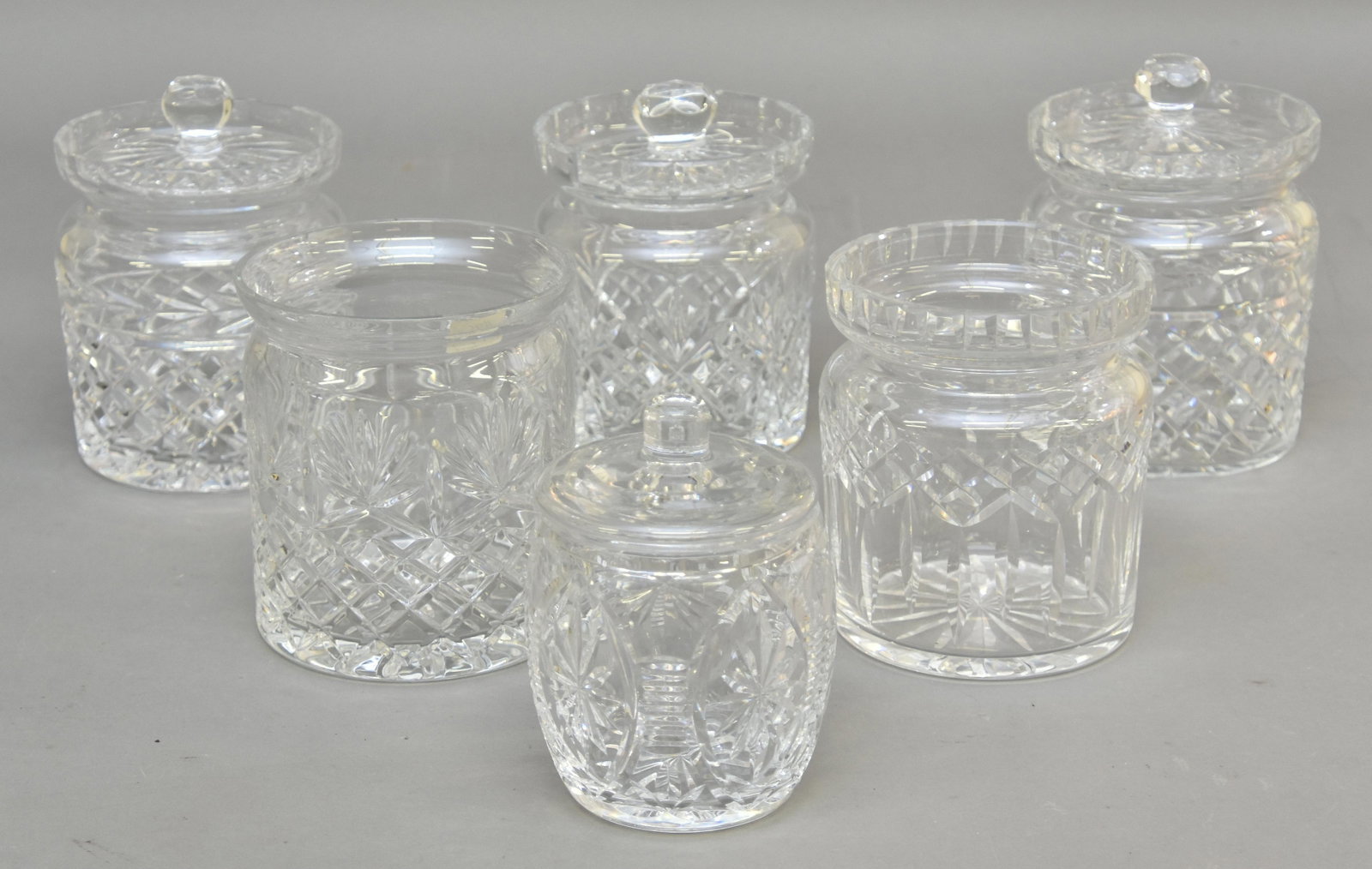 Six Waterford Biscuit Jars: Six Waterford biscuit jars Tallest 6"h x 5"d