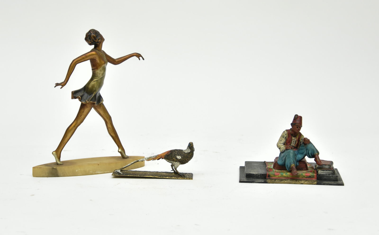 Bronze Pheasant etc.: Cold painted bronze pheasant 2"h; a Bergman type painted spelter meltal figure 4"h and an Art Nouveau faux bronze woman 9.5"h