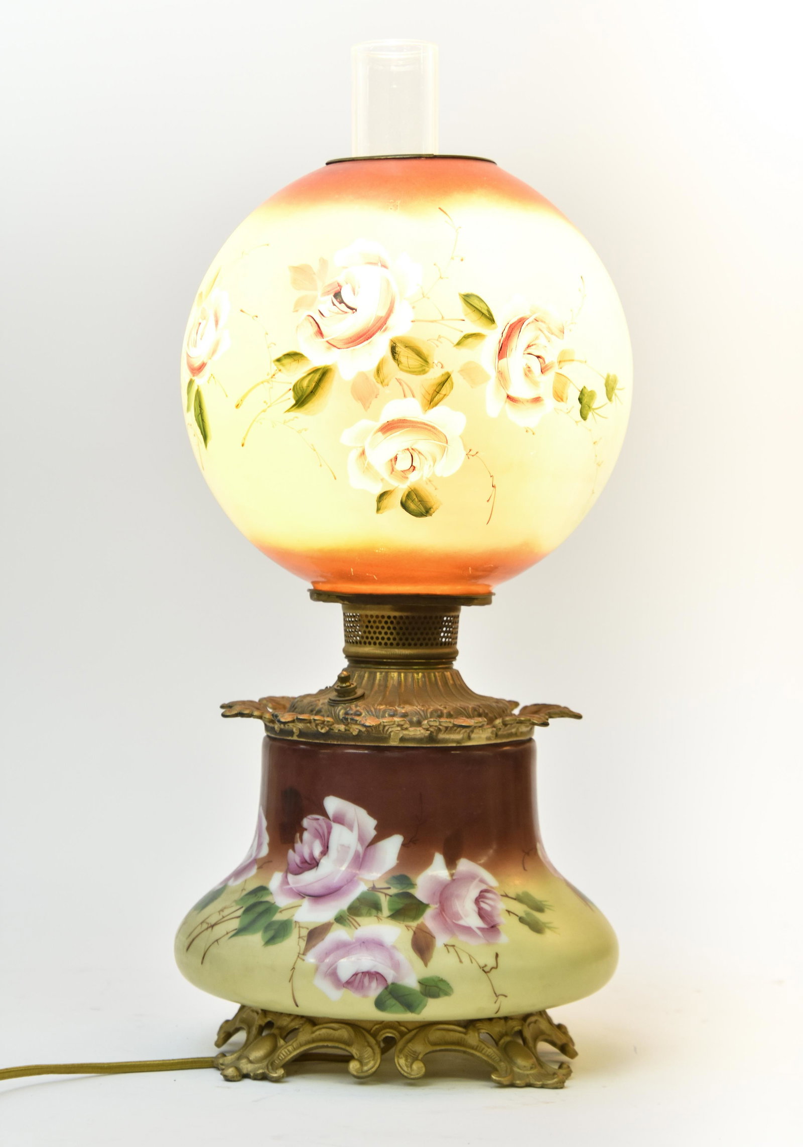 Gone-With-The-Wind Lamp: Gone-With-The-Wind Victorian painted glass table lamp, electrified 23.5"h x 10"w