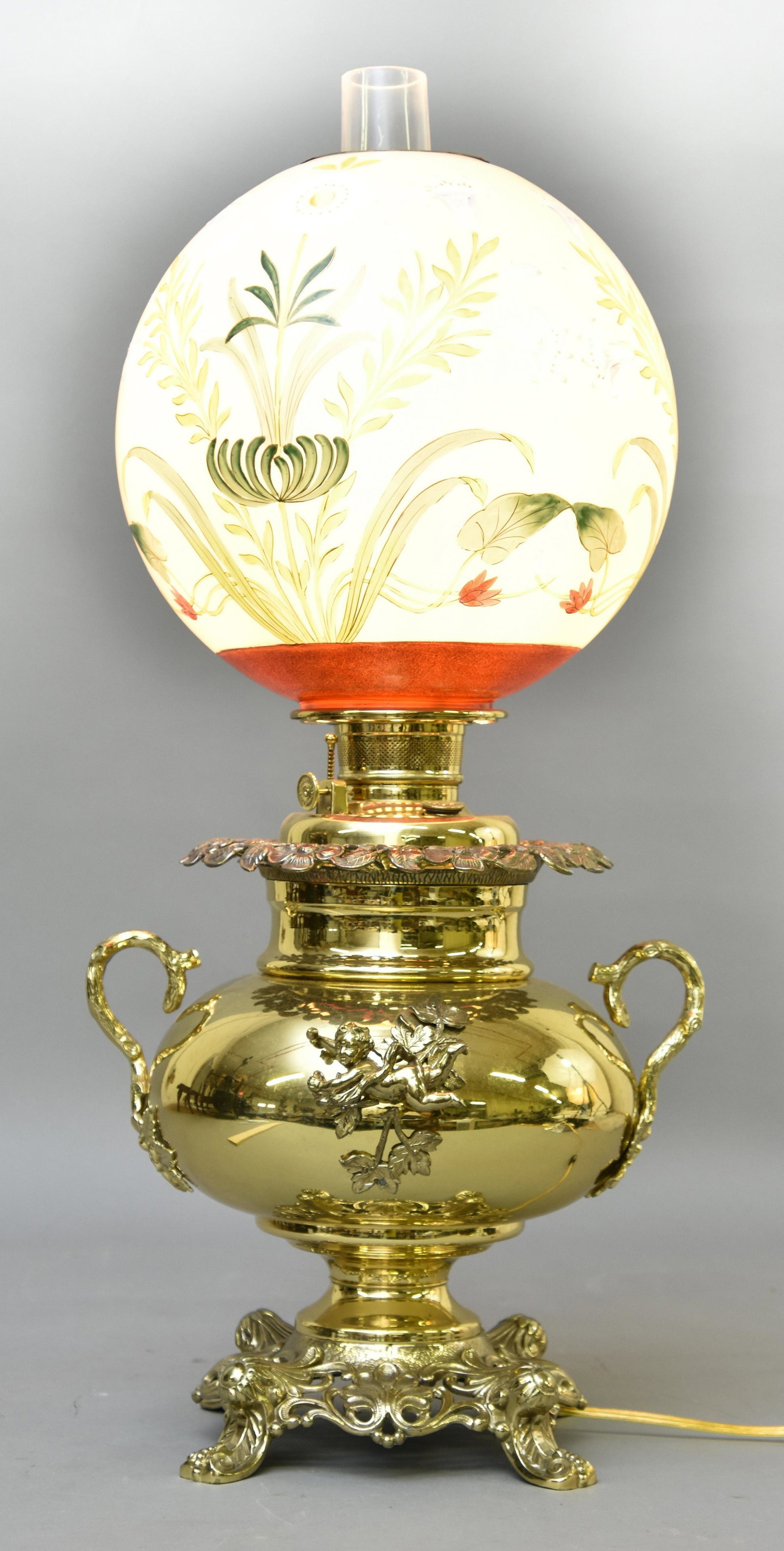 Gone-With-The-Wind Lamp: Gone-With-The-Wind polished brass oil lamp, electrified 28"h x 10"dia