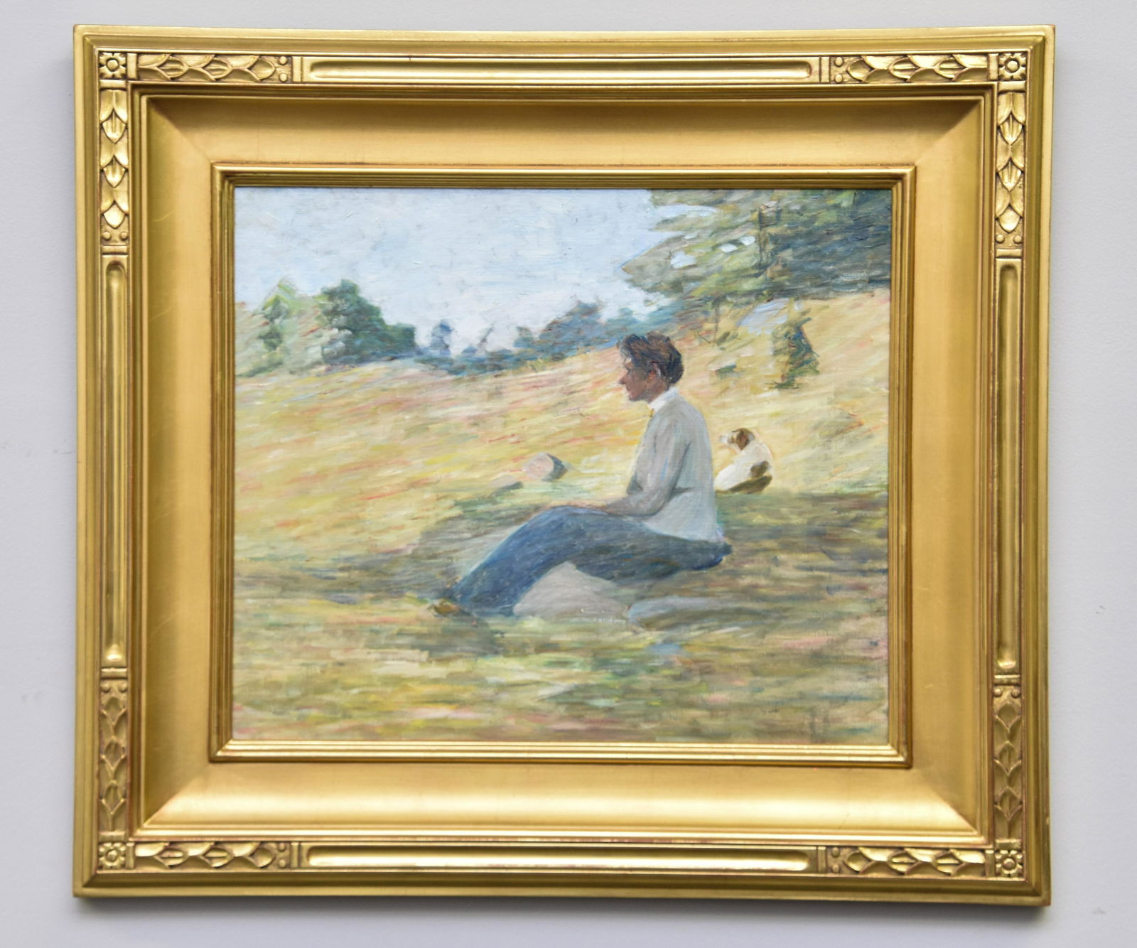 Oil on Canvas Self Portrait: Lucy Hariot Booth (American, 1869-1952), oil on canvas titled 'Self Portrait with Gibbie', unsigned 17" x 20" sight size / 25.75" x 29" overall