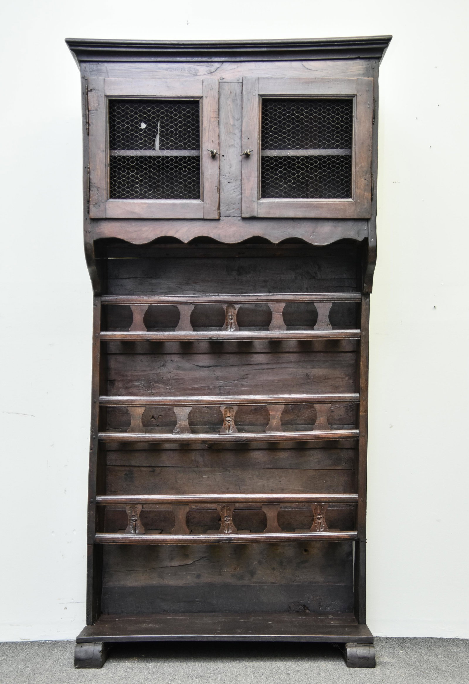 French Walnut Wine Rack Cabinet: French walnut wine rack cabinet, 18th c. with wire cage doors and shoe feet 79.5"h x 38"w x 16.5"d