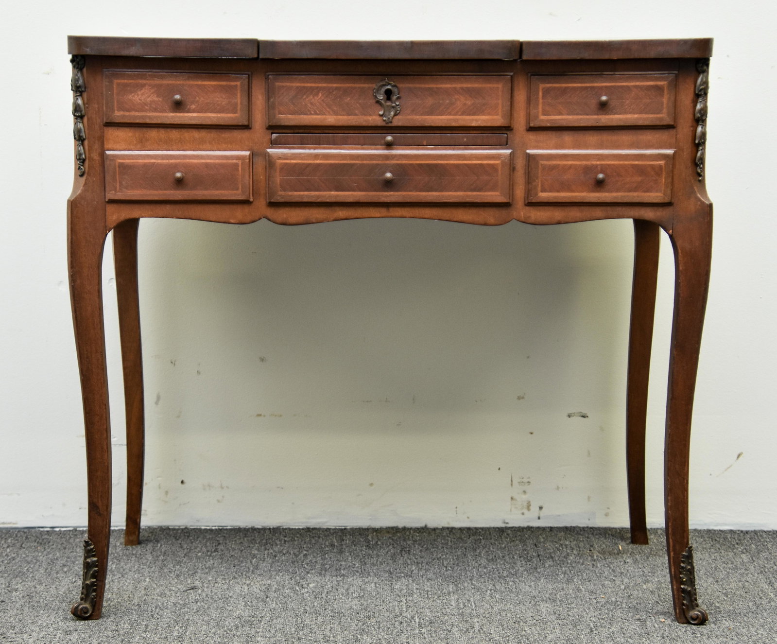 French Inlaid Beau Brummell: French fruitwood inlaid Beau Brummell, circa 1900 29.5"h x 31.5"w x 19"d