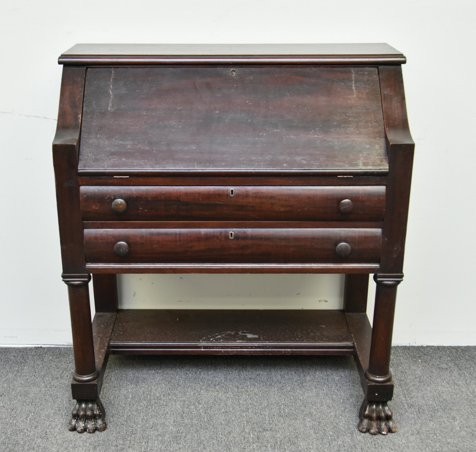 Empire Revival Mahogany Desk: Empire Revival mahogany desk, missing escutcheon