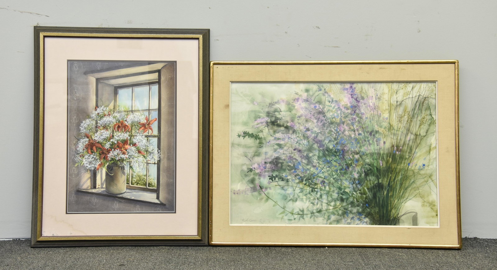 Two Watercolors: Pearl Slobodian framed and matted watercolor 21" x 14.5" sight size / 31" x 24.5" overall; together with a Ruth Cobb watercolor 20" x 28.5" sight size / 26" x 35.5" overall