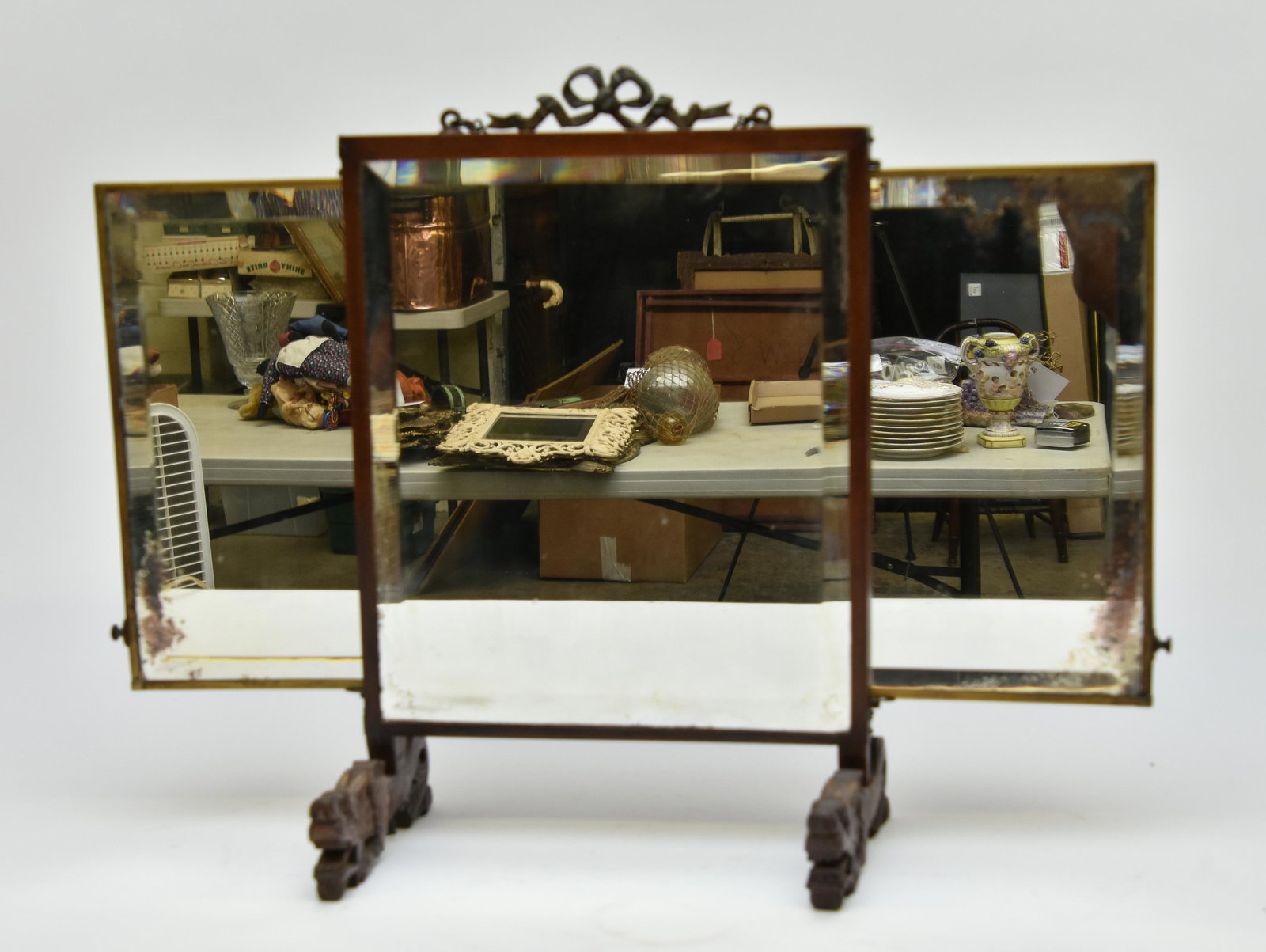 Mahogany Table Mirror: Mahogany table mirror early 20th c. with carved dragon feet 19"h x 12.5"w (closed)