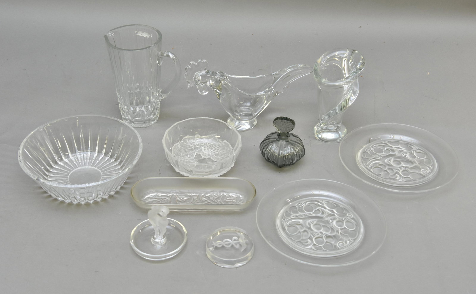 Val St. Lambert etc.: Four pieces of Val St. Lambert, including a pitcher 8"h; together with Art Vannes Rooster and vase and five pieces of Lalique