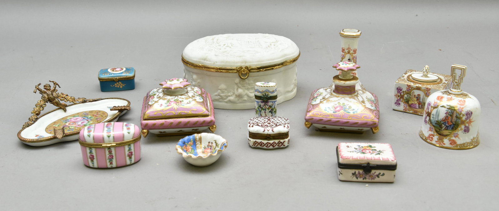 Collection of French and German Porcelain: Collection of French and German porcelain tableware by Dresden, Sevres, Meissen, etc. Largest piece 3.5"h x 7.5"w