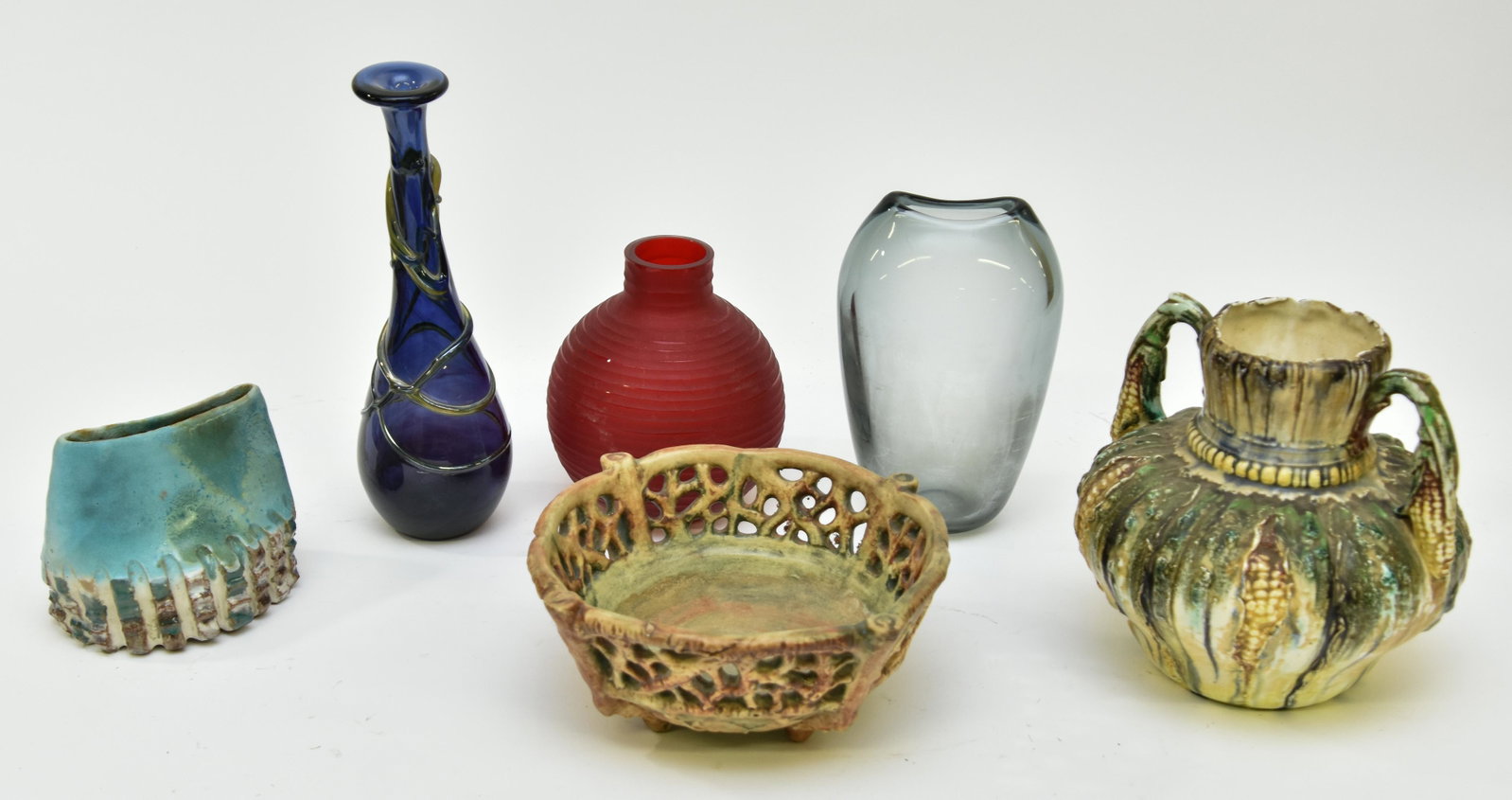 Weller Woodcraft Bowl etc.: Weller Woodcraft bowl 3.75"h x 9.25"dia; together with other art pieces and glassware including a vase signed "Schmidt" 11"h