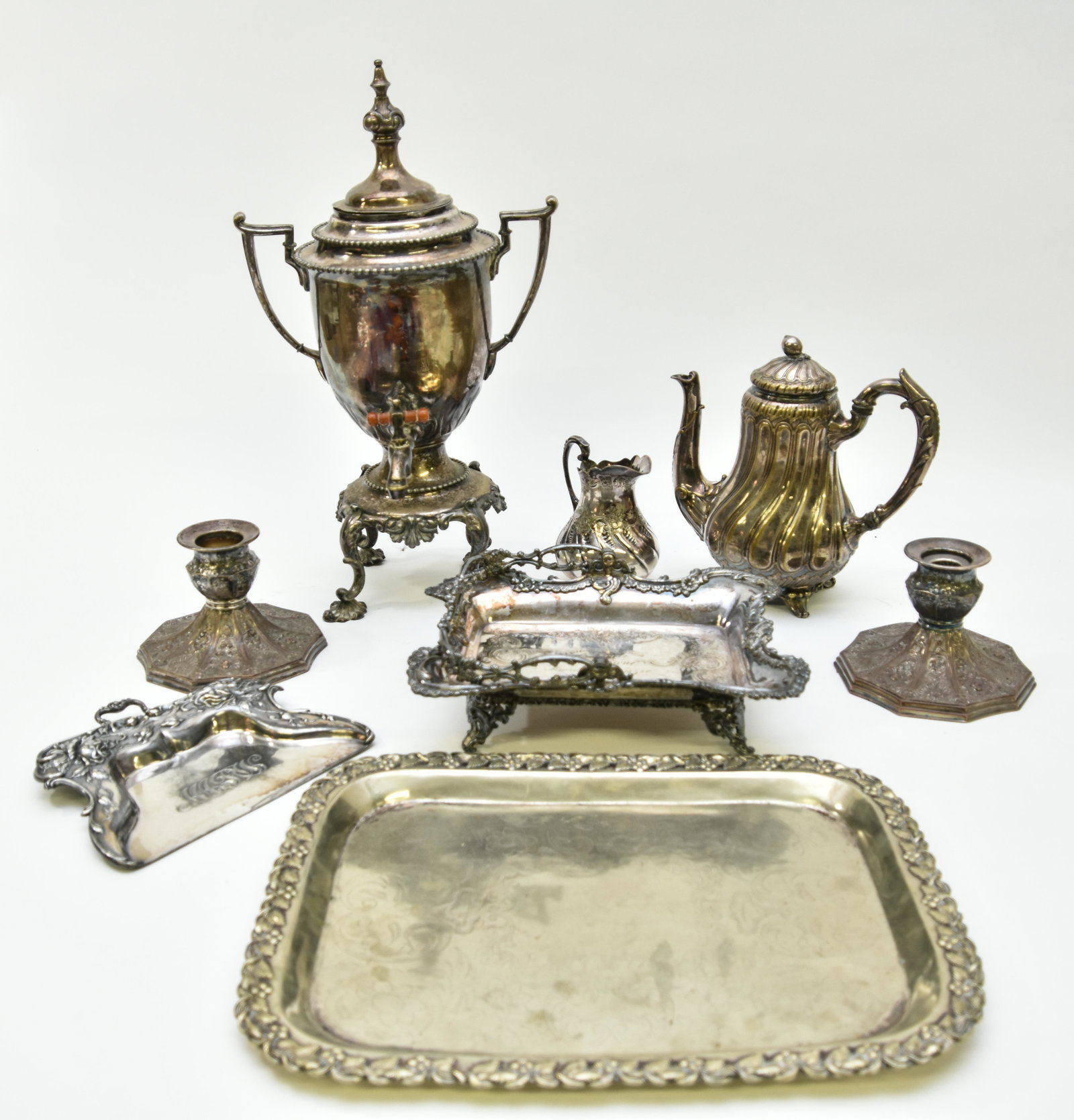 Pair of Sheffield Low Candlesticks etc.: Pair of Sheffield low candlesticks; together with silver plate tableware including a "Caledonian Club" trophy tray 1892 2.5"h x 10.5"w