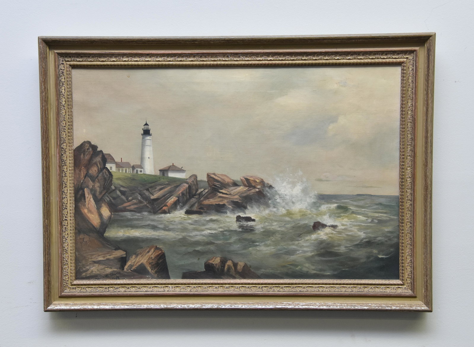 Oil on Canvas Seascape: Oil on canvas seascape with lighthouse indistinctly signed "Oliver?" and dated 1895? 19" x 29" sight size / 25" x 35" overall