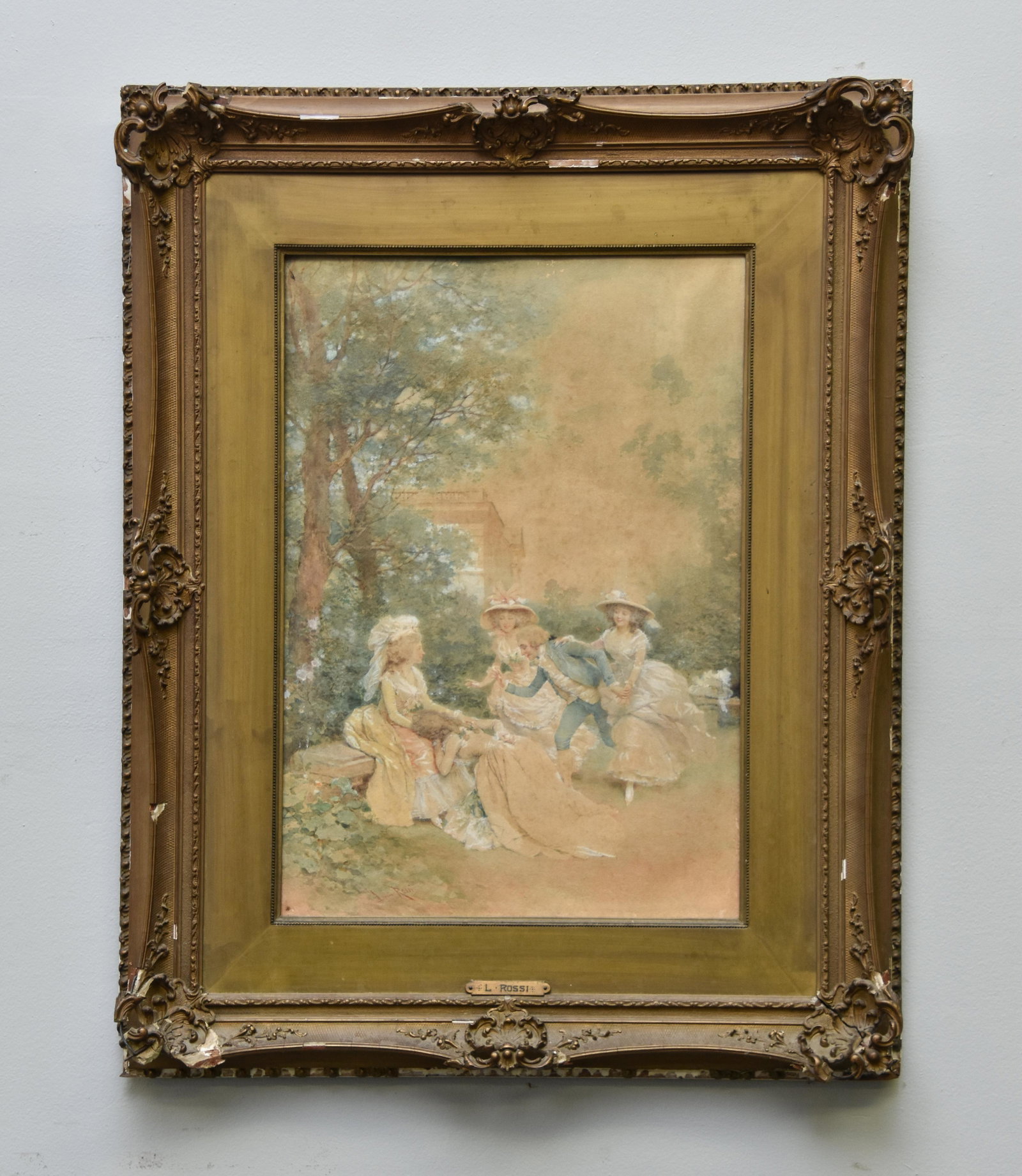 Lucius Rossi Watercolor: Lucius Rossi (France, Italy, 1846-1913) watercolor aristocratic figures, signed lower left 20" x 14" sight size / 29" x 23" overall