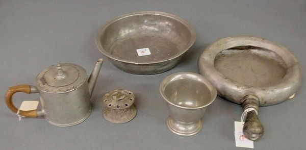 Group of pewter ware- basin 12"dia., bedpan 17"l.,: Group of pewter ware- basin 12"dia., bedpan 17"l., teapot 6"h., bowl 4.5"h., inkstand 2"h.