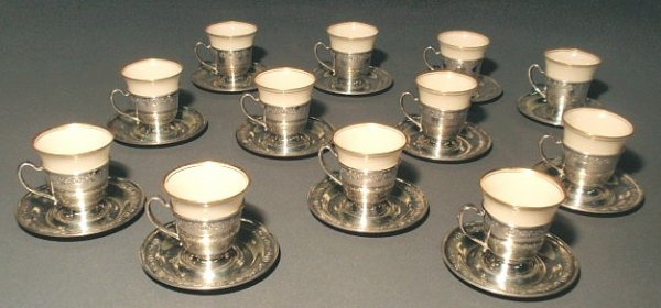 Sterling silver demitasse cups & saucers with Leno