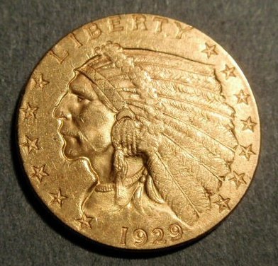 Indian head 1929 gold $2.50 coin.