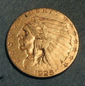 Indian head 1925 gold $2.50 coin.