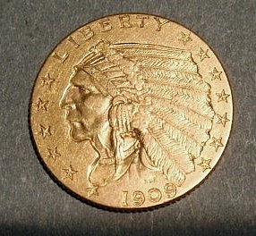 Indian head 1909 gold $2.50 coin.