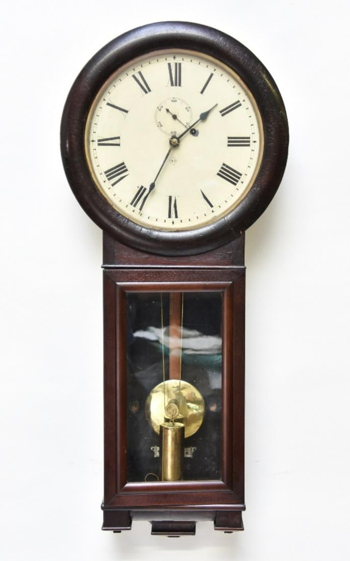 Seth Thomas No. 2 Regulator Clock: Seth Thomas No. 2 regulator wall clock in a mahogany/veneered case 36"h x 15.5"w x 6"d