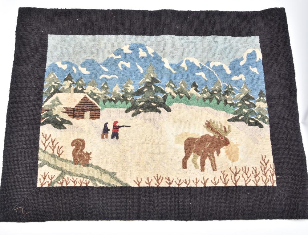 Pictorial Hooked Rug: Pictorial hooked rug of hunting moose in the snow 29"w x 38"l