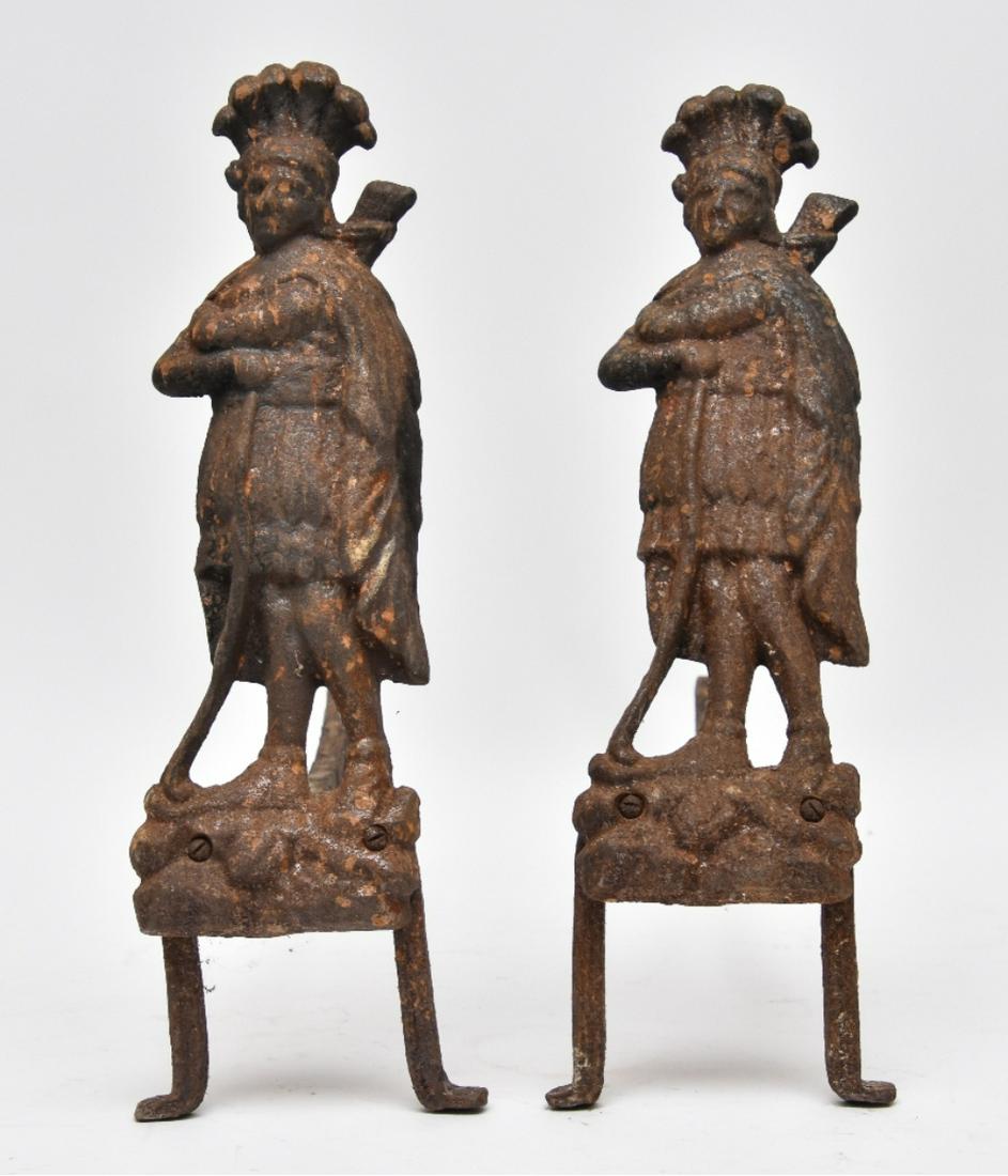 Pair of Cast Iron Andirons: Pair of cast iron American Indian andirons, 19th c 16"h x 5.5"w x 18"d