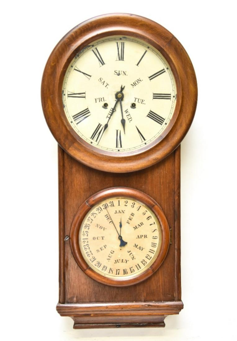 Lewis Perpetual Calendar Wall Clock: Lewis perpetual mahogany cased calendar wall clock, double dial, 8-day weight driven with movement by E. Burwell, Bristol, CT 38"h x 15.5"w x 5"d