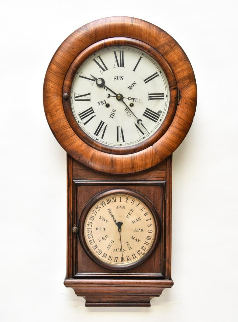 Welsh Double Dial 8-Day Clock: Welsh double dial weight driven 8-day calendar wall clock original label 35"h x 17"w x 4.5"d