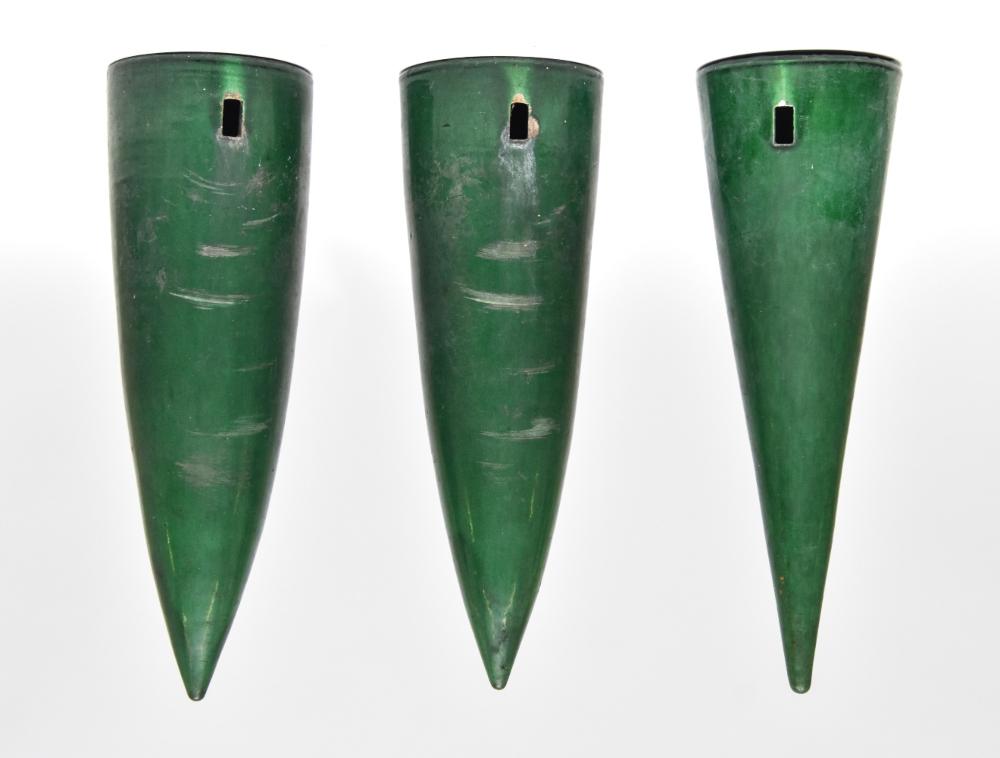 Three French Green Wall Pockets: Three French green glazed earthenware wall pockets, late 19th c. 14"h x 4.5"dia