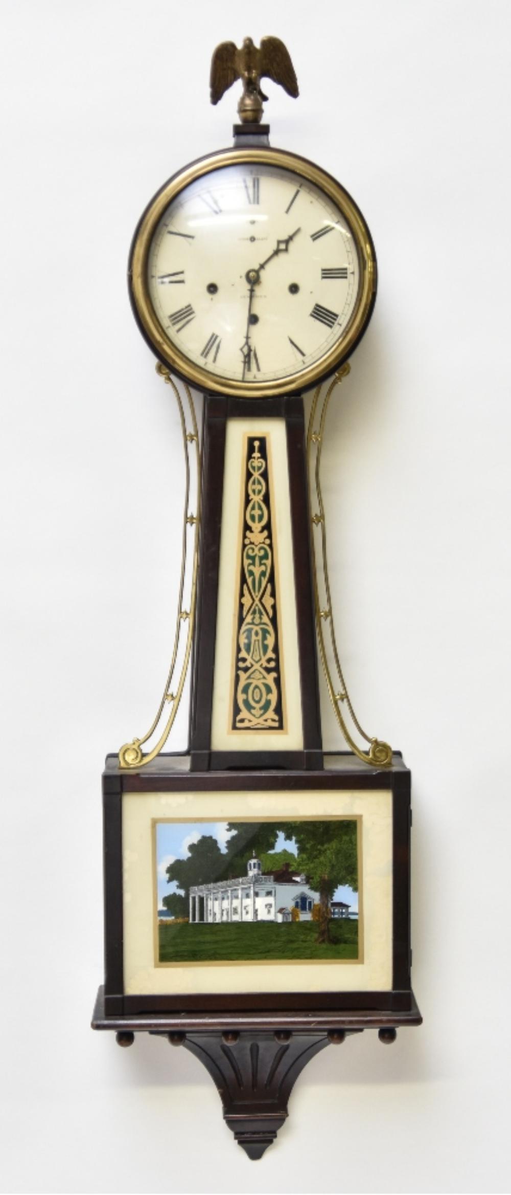 New Haven Banjo Clock: New Haven Clock Company mahogany banjo clock with chime 42"h x 12"w x 4.5"d
