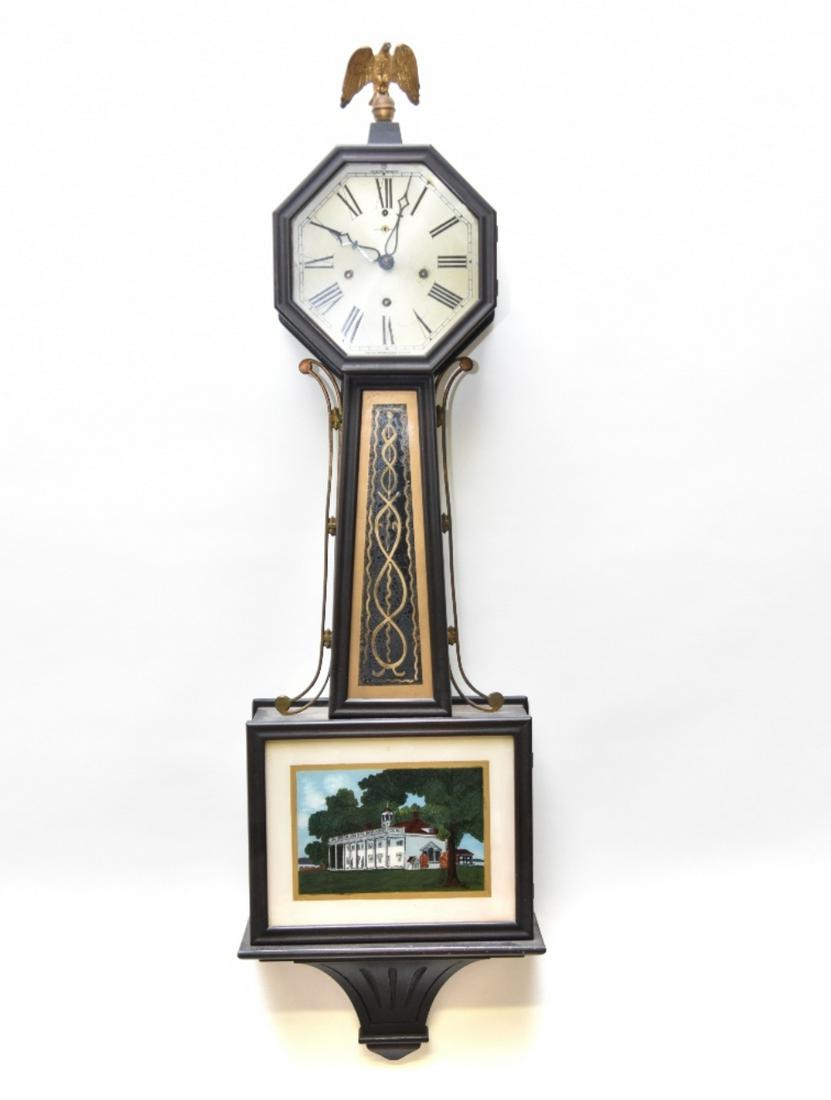 New Haven Banjo Clock: New Haven Clock Company mahogany banjo clock with chime and octagonal face 42"h x 12.5"w x 5"d