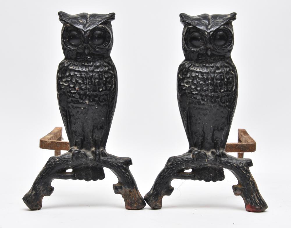 Pair of Cast Iron Owl Andirons: Pair of cast iron owl andirons, circa 1900 14"h x 9"w x 17.5"d