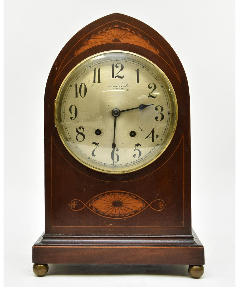 German Cathedral Clock: German mahogany inlaid cathedral clock, dial signed 'Bailey, Banks & Biddle, Philadelphia' 18"h x 11.5"w x 7.5"d
