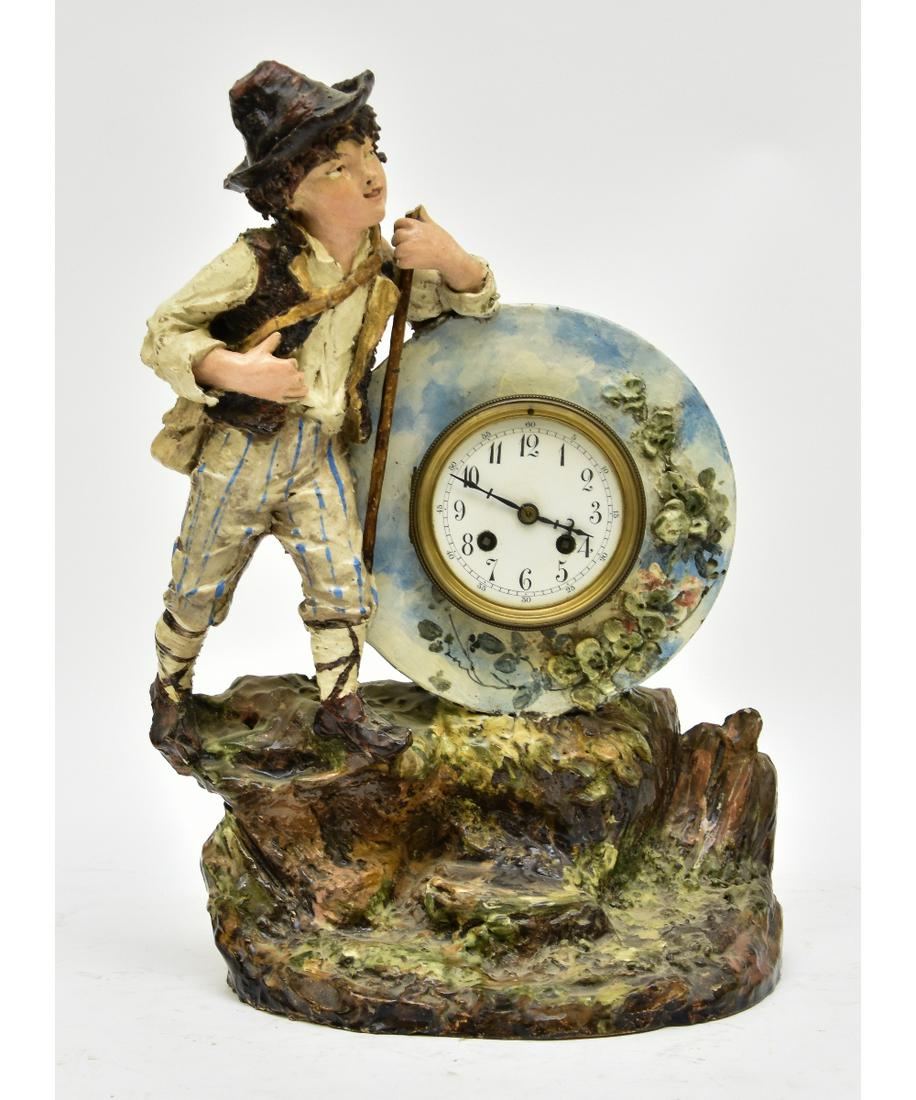 Porcelain Figural Mantle Clock: Porcelain figural mantle clock with alpine boy, circa 1880 17"h x 12"w x 7"d