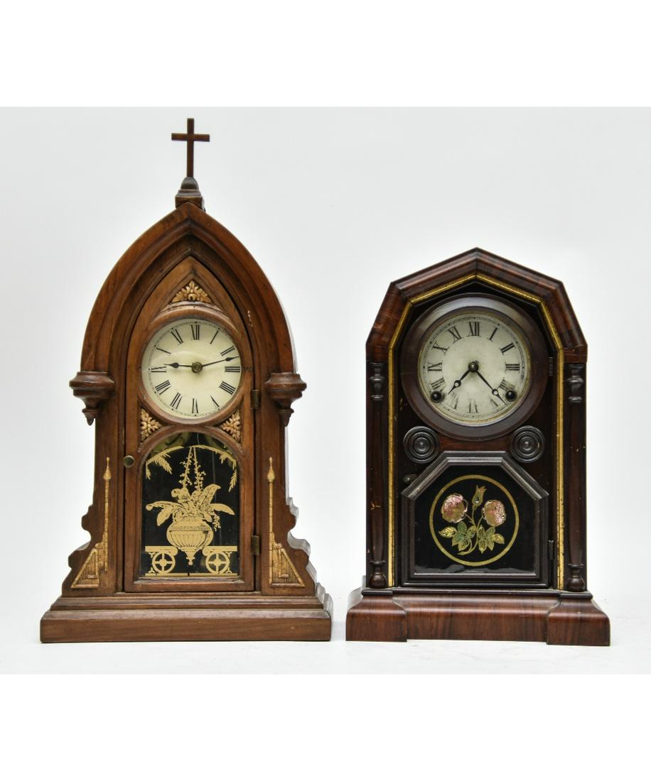 Gothic Style Parlor Clock etc.: Gothic style parlor clock with alarm 21.5"h x 12"w x 5"d; together with a Welsh clock