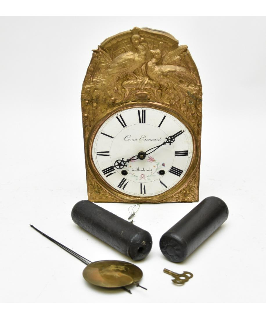 French Morbier Clock: French Morbier clock, circa 1870 with brass face and porcelain dial 17"h x 11"w x 6"d