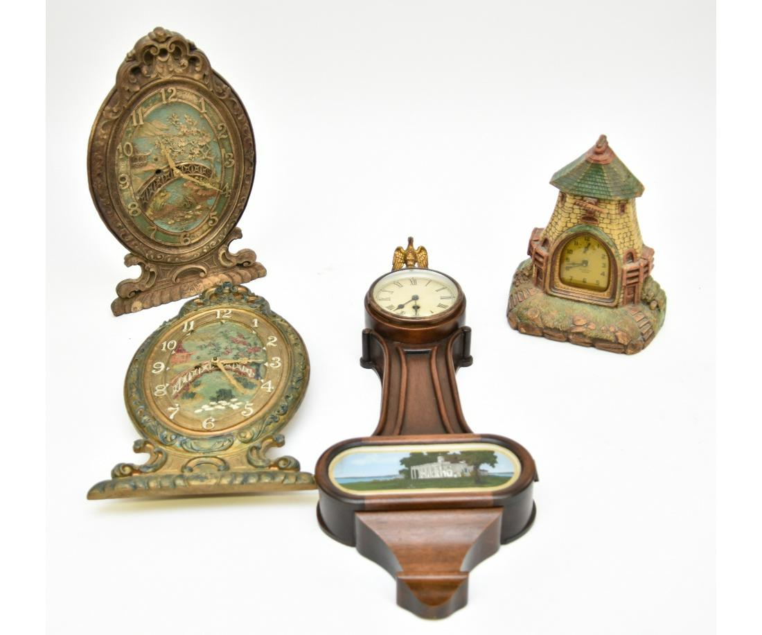 Four Contemporary Clocks: Four clocks to include a mahogany banjo clock 24"l, Village Mill Alarm, and two wall clocks