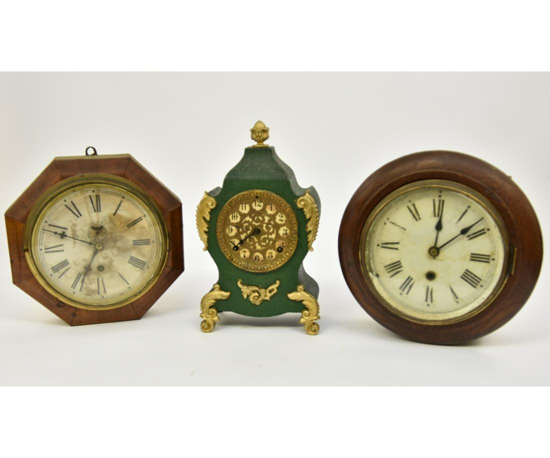 Ansonia Clock: Ansonia green metal clock 13"h; together with a Waterbury wall clock and another clock