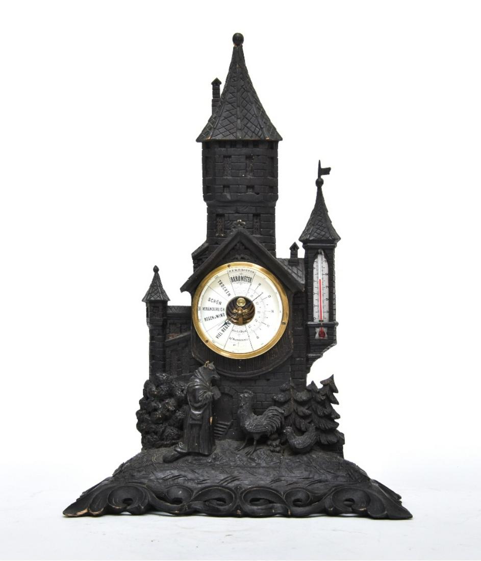Black Forest Castle Form Barometer/Thermometer: Black Forest carved castle form barometer/thermometer, late 19th c. 20"h x 13.5"w x 5.5"d