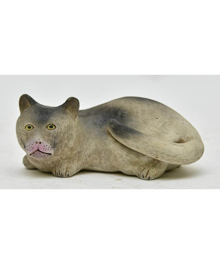 Chinese Reclining Cat Pottery: Chinese pottery of reclining cat with chop marks 3"h x 7.5"l x 4"d