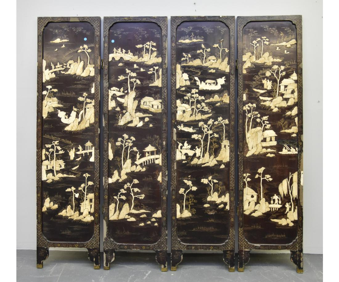 Chinese Four Panel Screen: Chinese four panel lacquered screen with raised relief artwork, probably 18th c. 72" x 72" overall / each panel 18"w