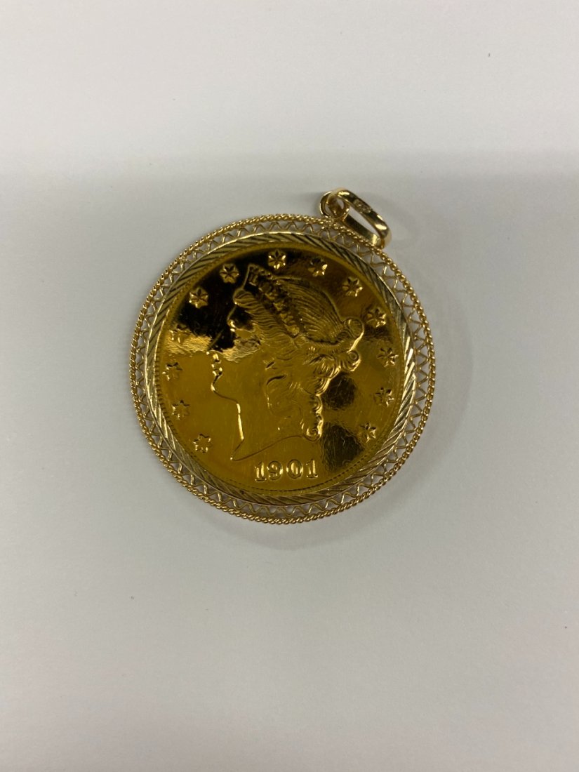 1901 Twenty Dollar Gold Piece: 1901 "Liberty" Twenty Dollar gold piece mounted as a pendant 1.5" dia.