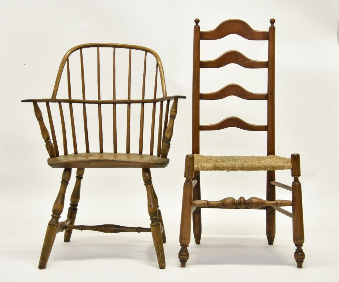 Sackback Windsor Armchair: Sack back Windsor armchair, circa 1780, 38"h x 27"w / seat height = 18"; together with a Delaware Valley 4-slat chair