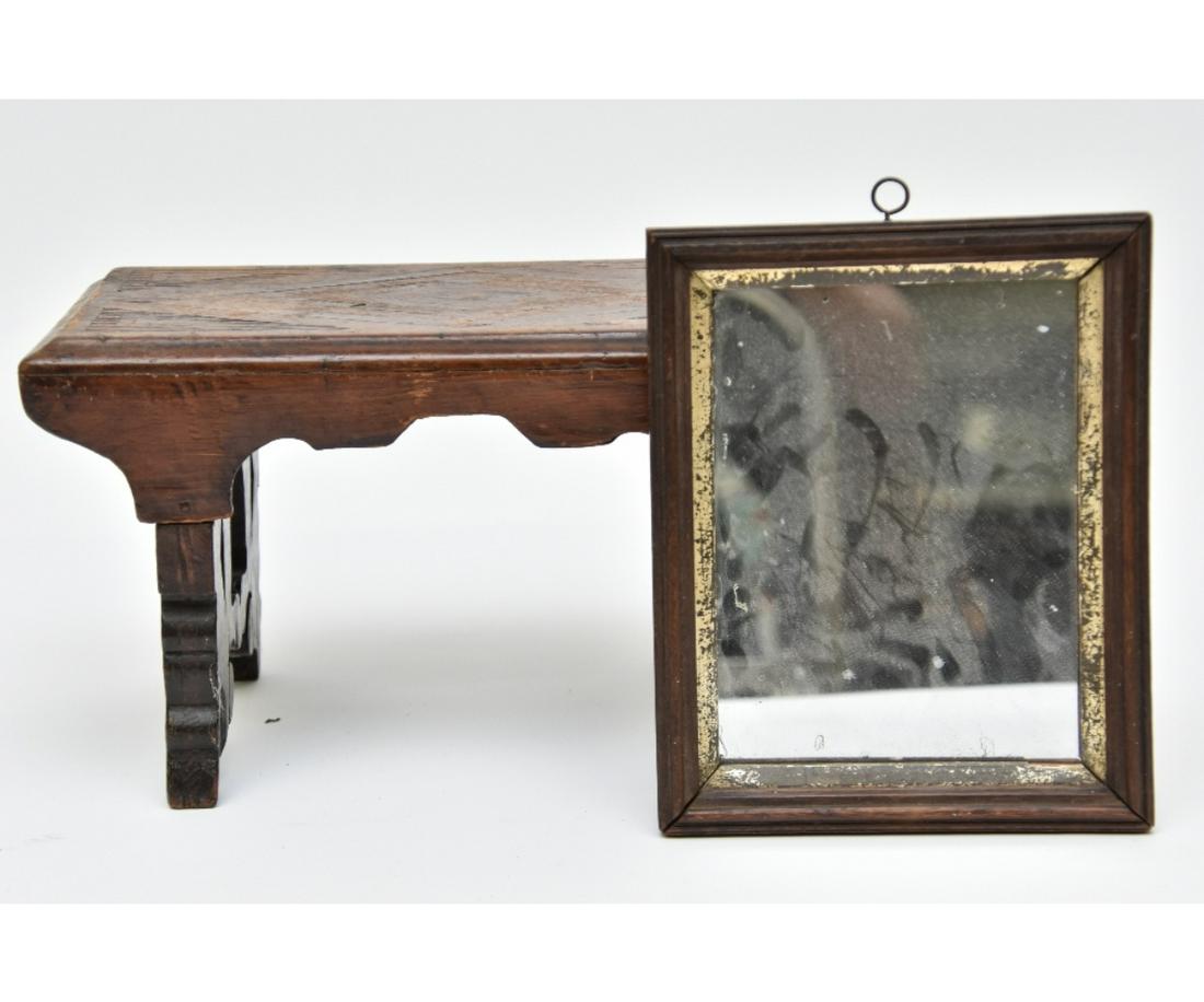 Inlaid Walnut Cricket etc.: Inlaid walnut cricket (footstool) 8"h x 14"w x 7.5"d; together with a walnut courting mirror 9.5"h x 8"w