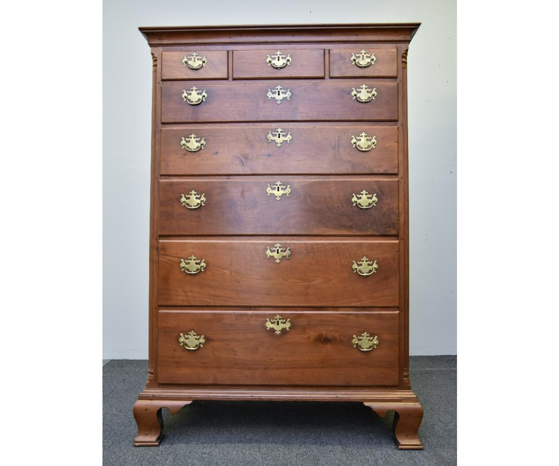 Delaware Valley Chippendale High Case: Delaware Valley Chippendale walnut high case chest of drawers, circa 1780, with fluted quarter columns 62"h x 42"w x 22"d