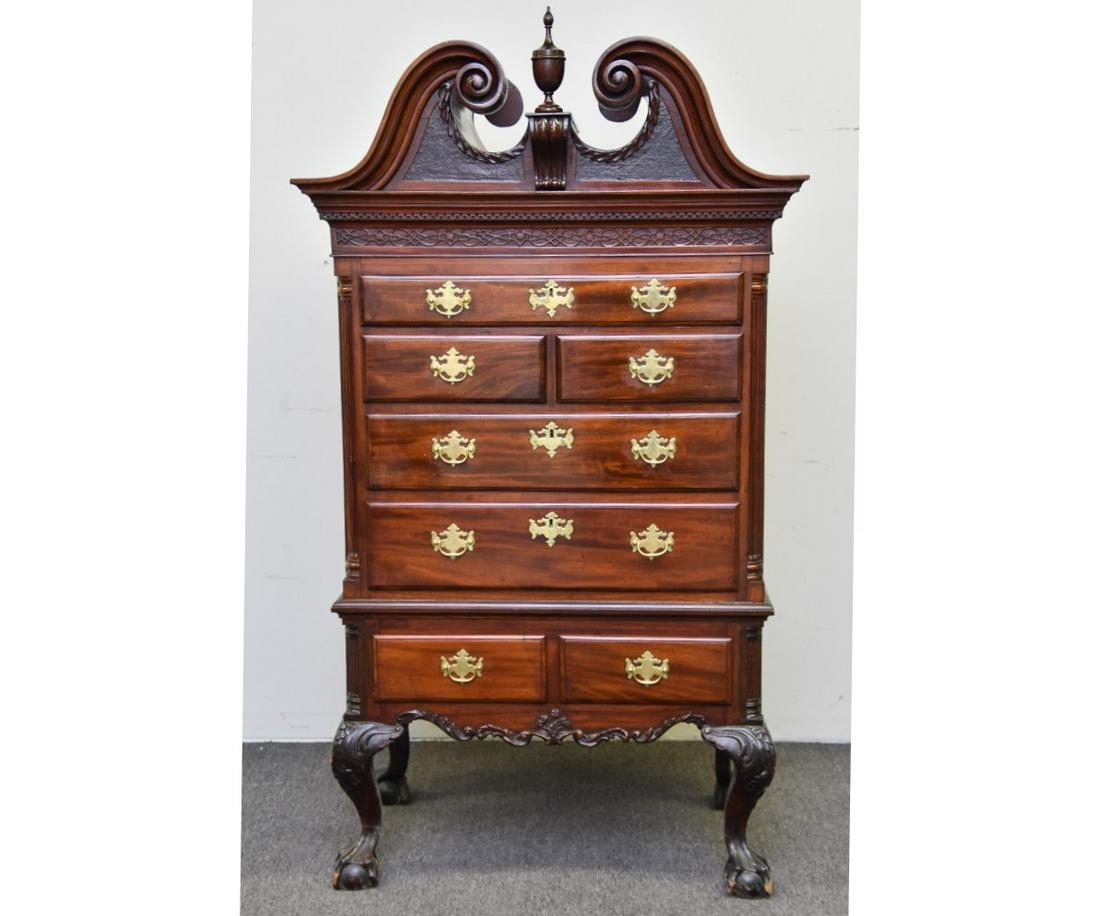 Diminutive Bench Made Chippendale Style Highboy: Fine diminutive bench made Philadelphia Chippendale style mahogany two-piece highboy, circa 1900 65.5"h x 33"w x 19.25"d