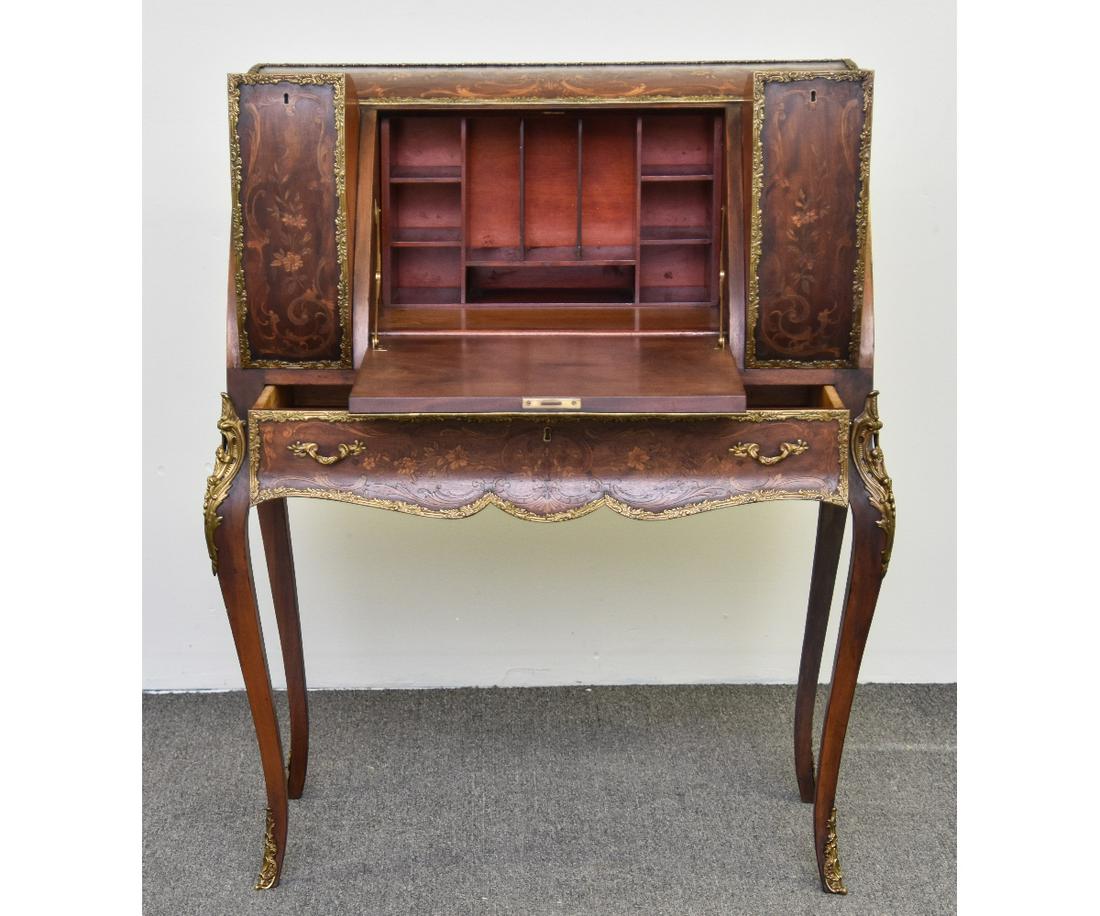 French Desk: Fine marquetry inlaid French desk, circa 1900 with ormolu mounts and delicate legs 42"h x 32"w x 17"d
