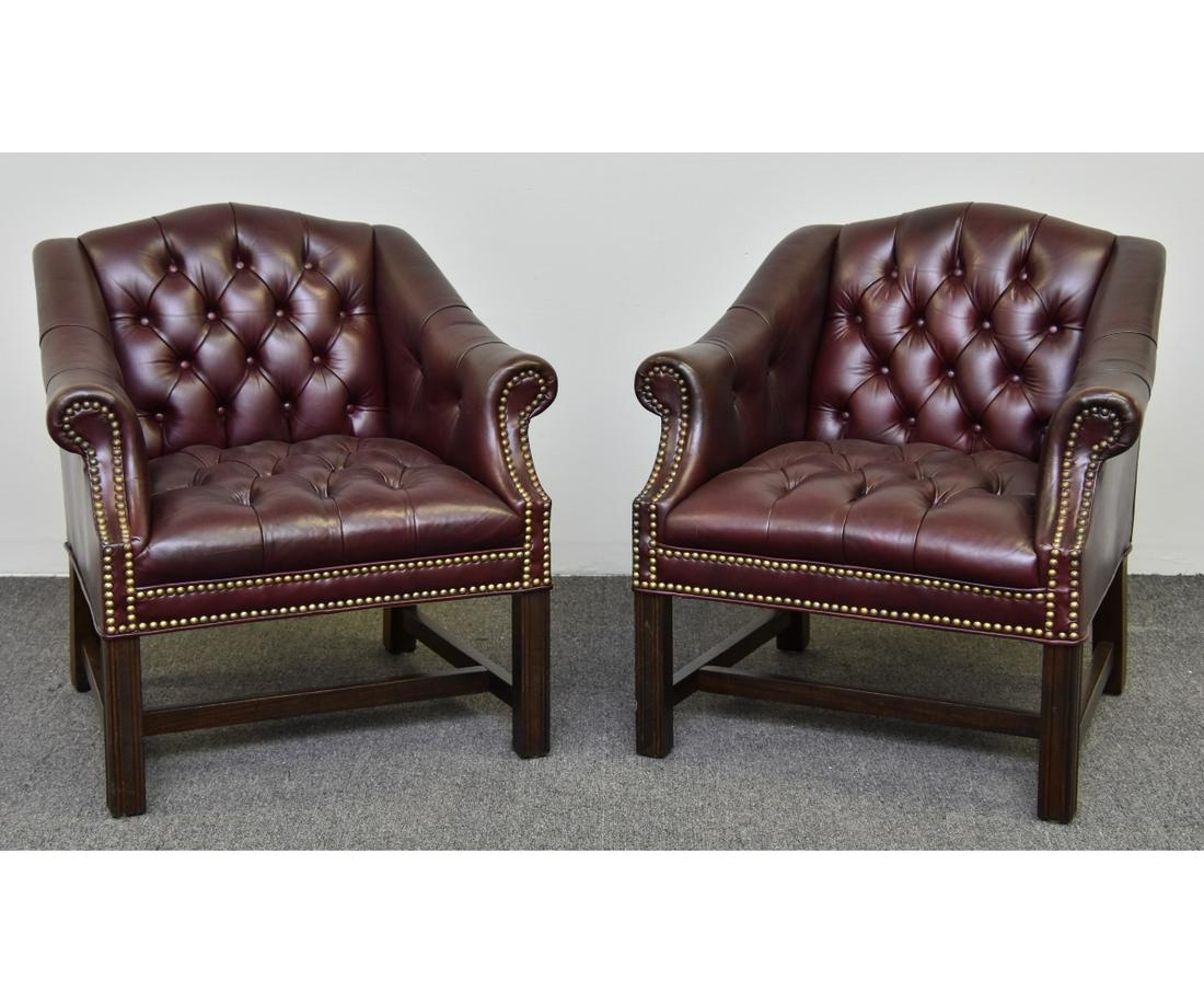 Hancock & Moore Leather Chairs: Pair of Hancock & Moore shark tank leather burgundy chairs with tufted backs 30"h x 20"w x 26"d / seat height = 15"