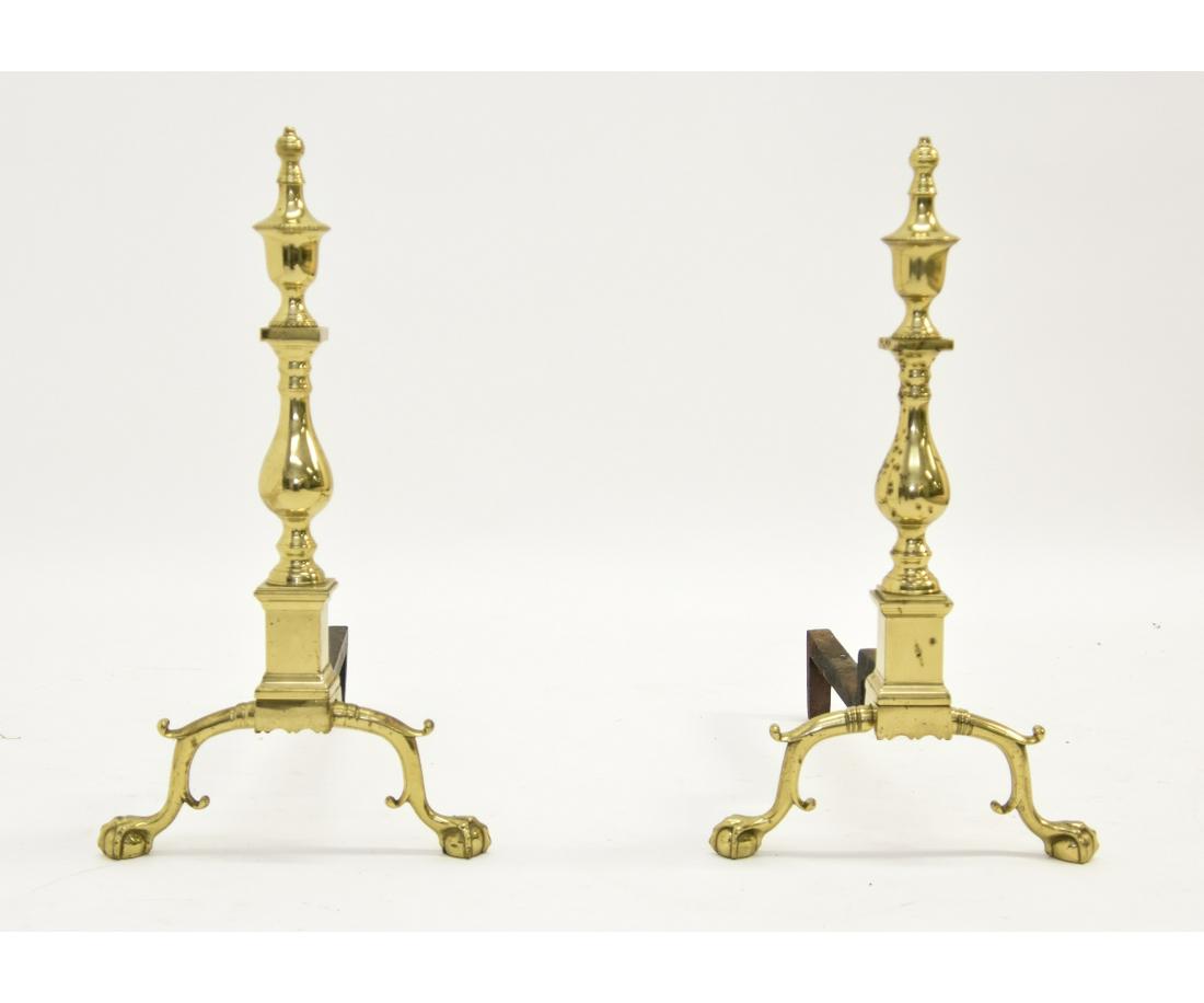 Chippendale Style Andirons: Large pair of Chippendale style brass andirons with ball and claw feet 25"h x 14"w x 22.5"d