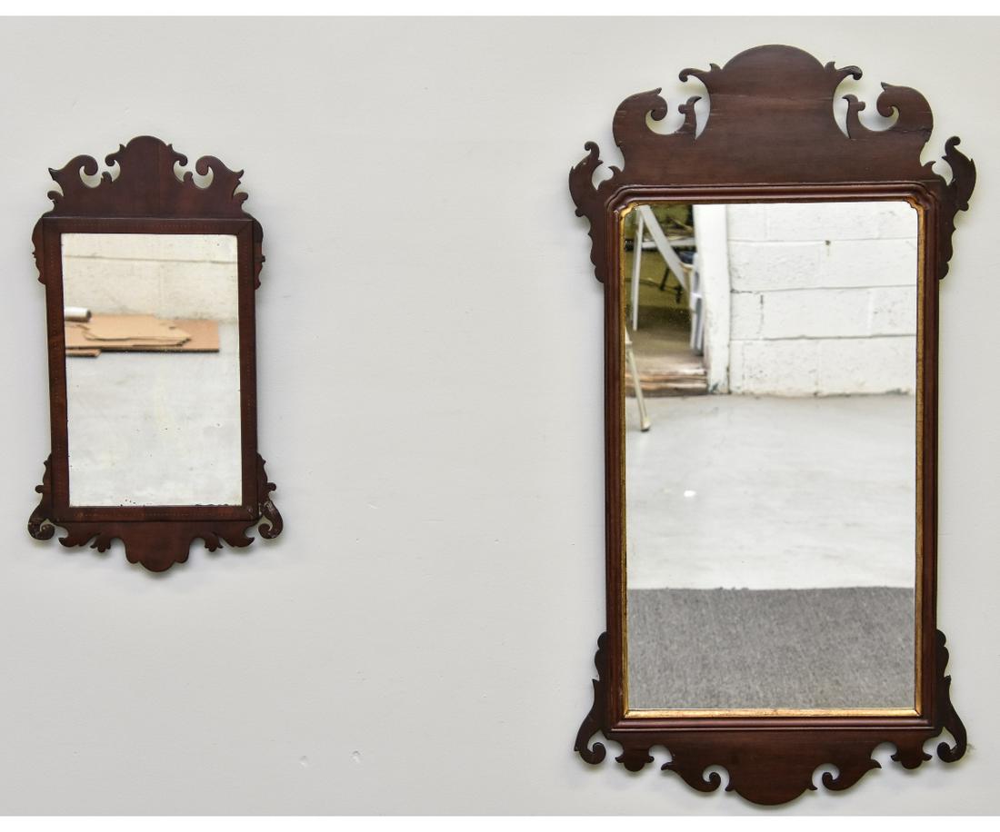 Chippendale Mirror: Large Chippendale mahogany gilt lined mirror 44"h x 23"w; together with a smaller mirror 25"h x 12"w