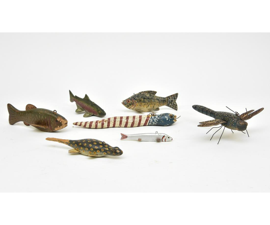 Seven Folk Art Ice Fishing Lures: Seven folk art Minnesota ice fishing lures including a 5" pike, all circa 1920, longest 11"l