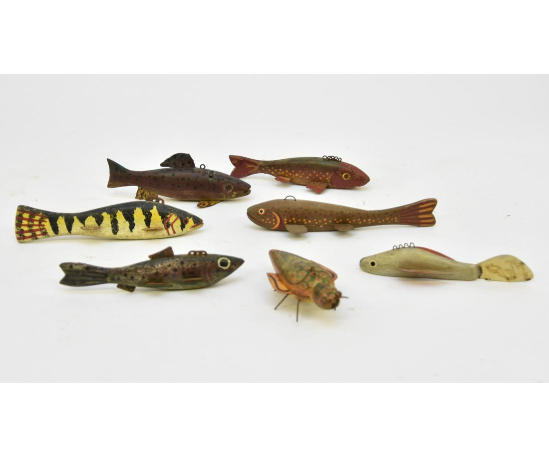 Ice Fishing Lures: Seven Folk Art Minnesota ice fishing lures, circa 1920, six fish lures and one bug, longest 8"